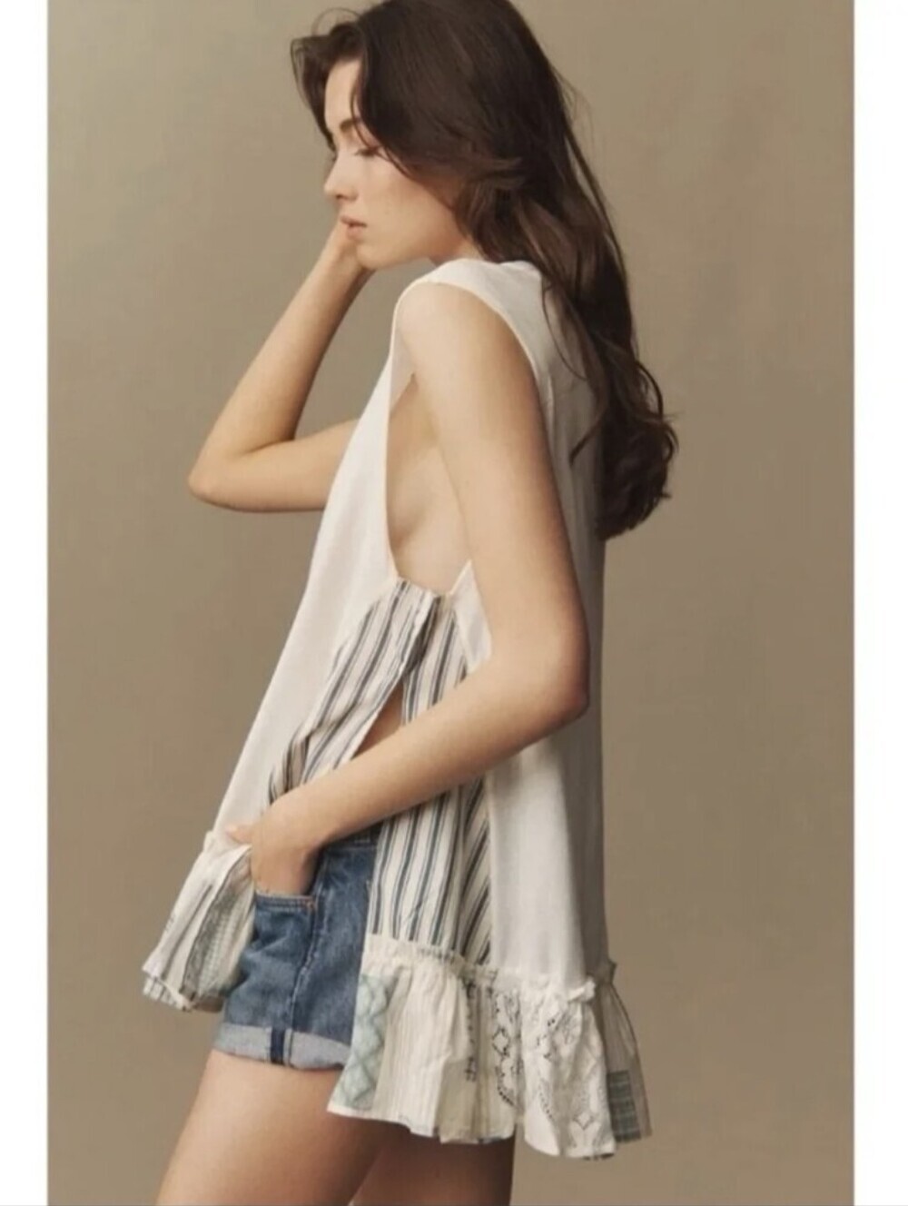 Pilcro Patchwork Babydoll Tank Tunic - White + Blue sz S